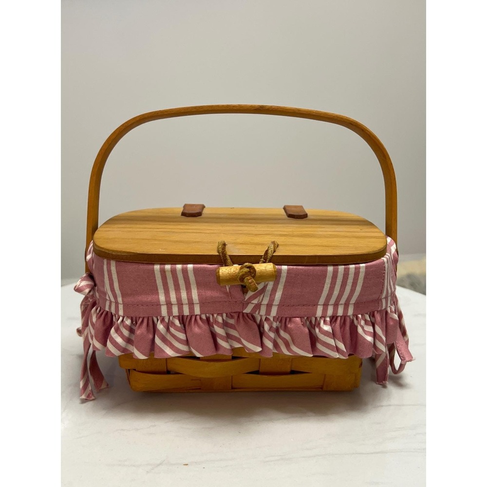Longaberger 2000 Handwoven Basket with Wood Lid and Pink Striped Ruffle Liner